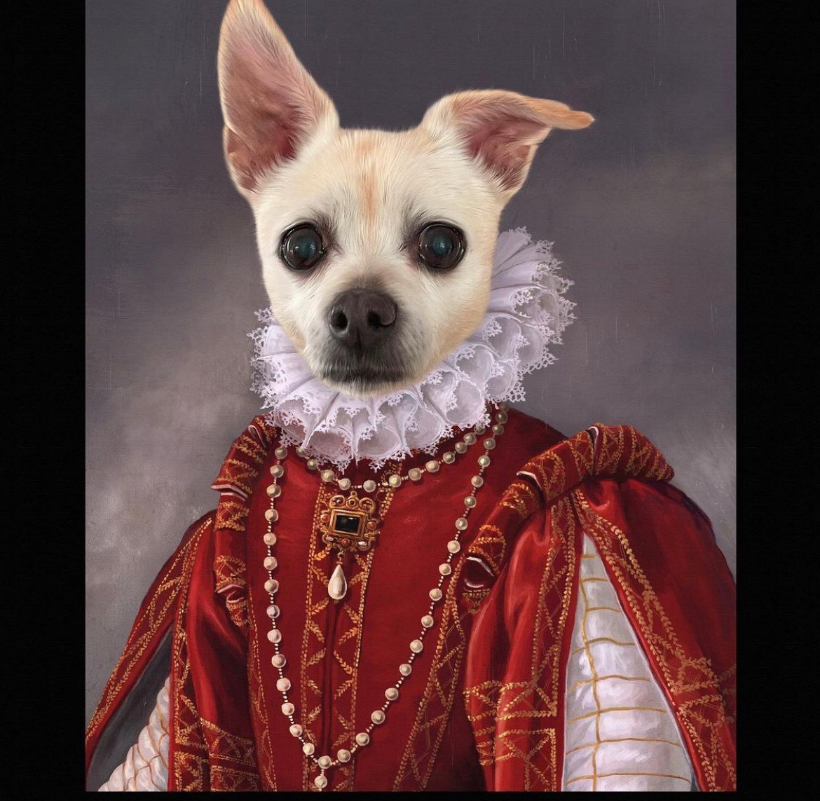Kendra, a cream chihuahua painted as a Renaissance noblewoman in a red gown and lace ruff.
